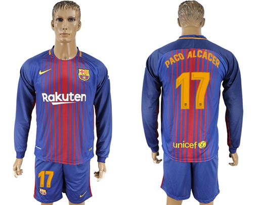 Barcelona #17 Paco Alcacer Home Long Sleeves Soccer Club Jersey